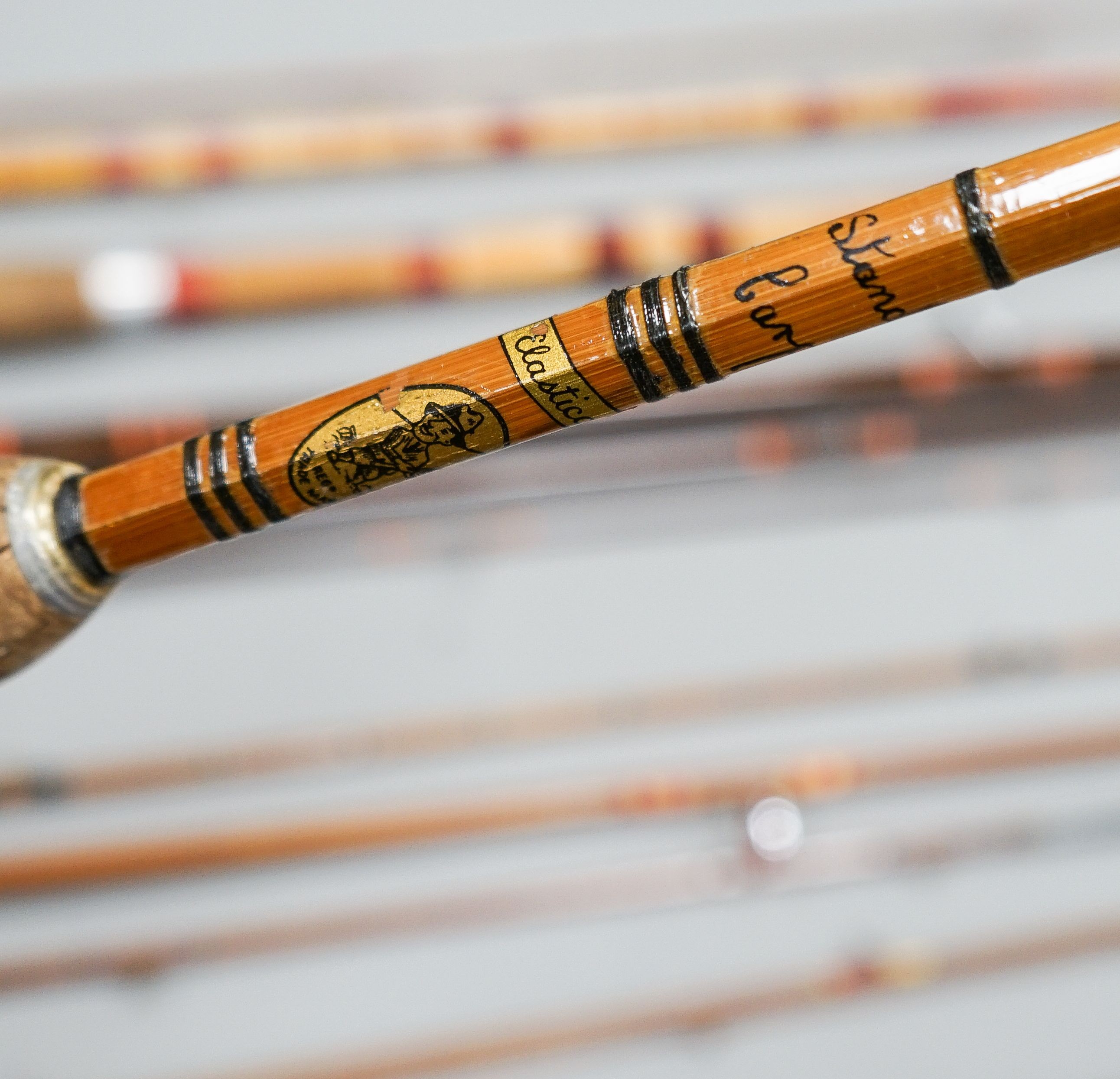 A collection of mixed split cane fishing rods, Les Compton, Elasticane, Carton-James and another (4)